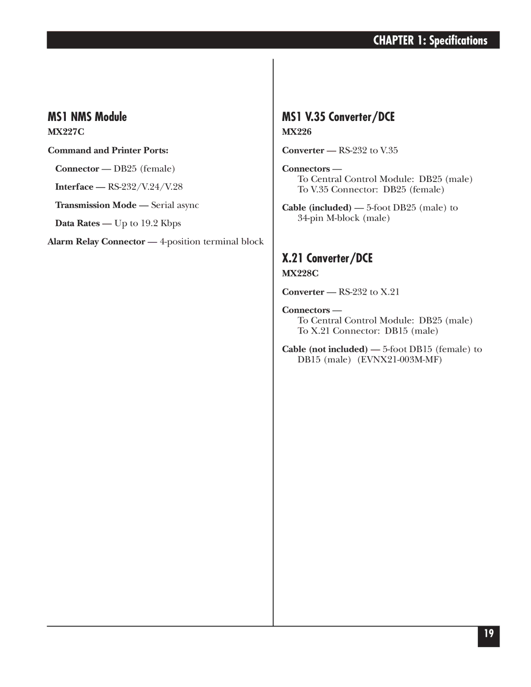 Black Box 5000 manual MS1 NMS Module, MS1 V.35 Converter/DCE 