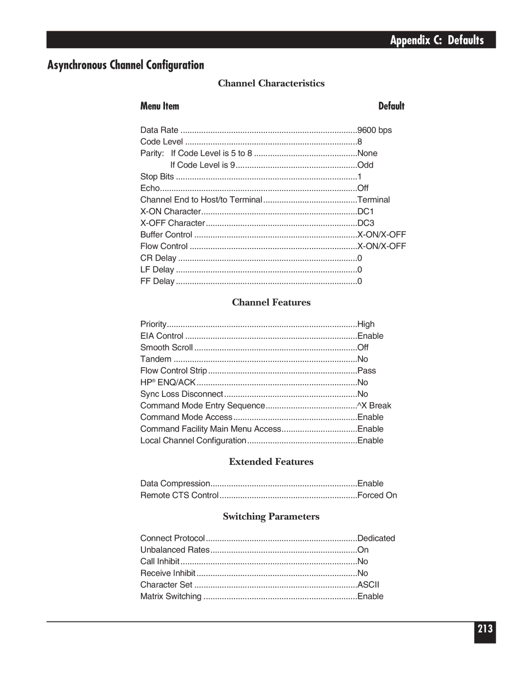 Black Box 5000 manual Asynchronous Channel Configuration, Channel Characteristics, Channel Features, Extended Features 