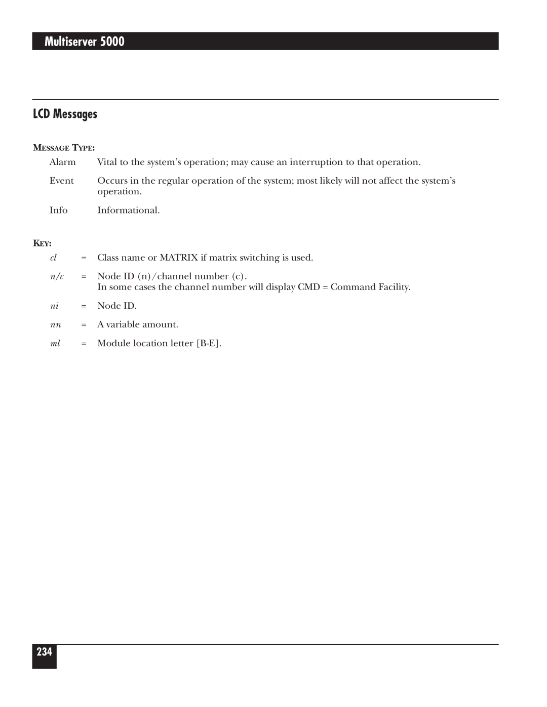 Black Box 5000 manual LCD Messages, Class name or Matrix if matrix switching is used, Node ID n/channel number c 