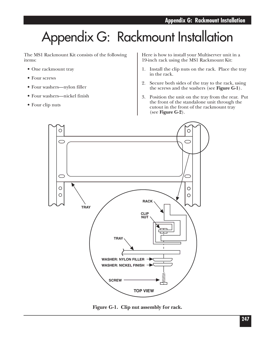 Black Box 5000 manual Appendix G Rackmount Installation, Figure G-1. Clip nut assembly for rack 