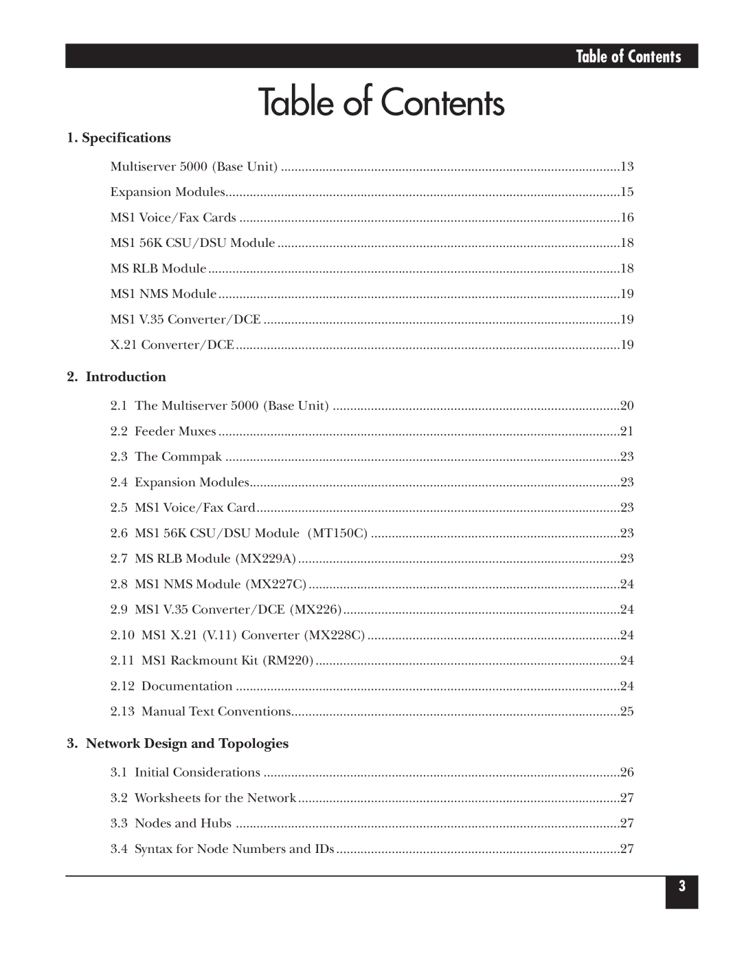 Black Box 5000 manual Table of Contents 