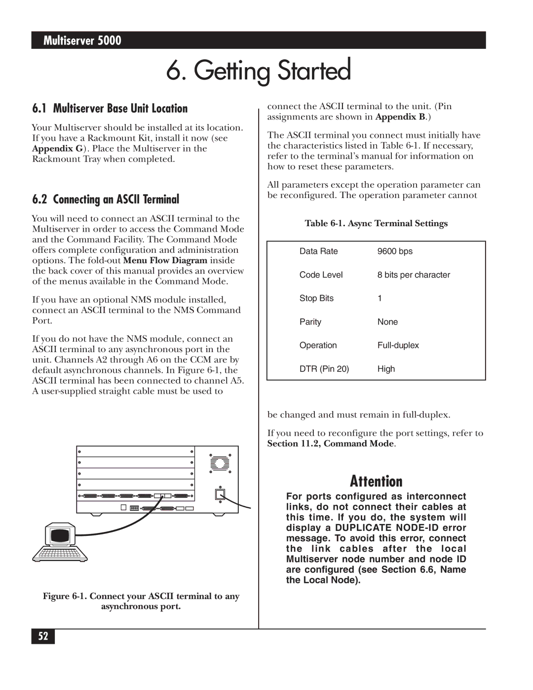 Black Box 5000 Getting Started, Multiserver Base Unit Location, Connecting an Ascii Terminal, Async Terminal Settings 