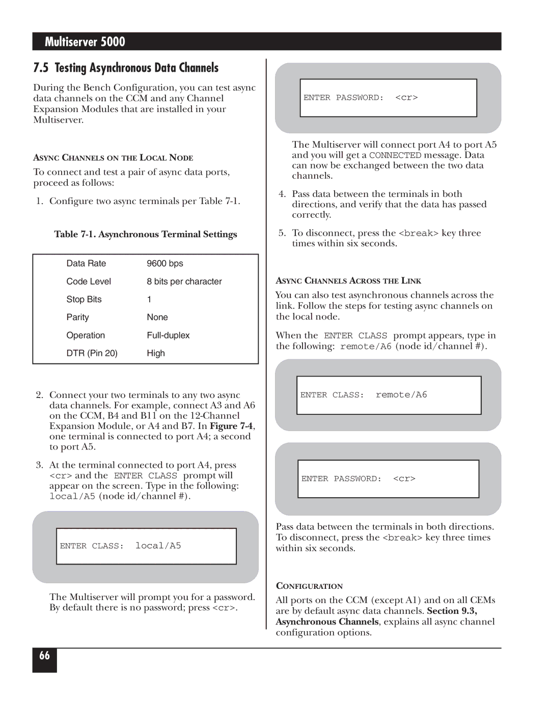 Black Box 5000 manual Testing Asynchronous Data Channels, Asynchronous Terminal Settings 