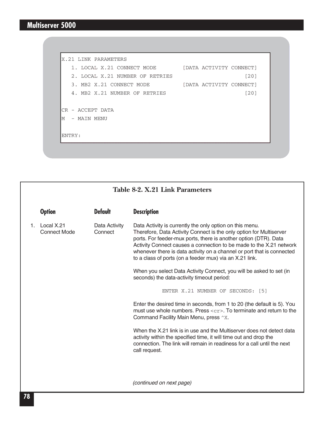 Black Box 5000 manual X.21 Link Parameters, Option Default Description 