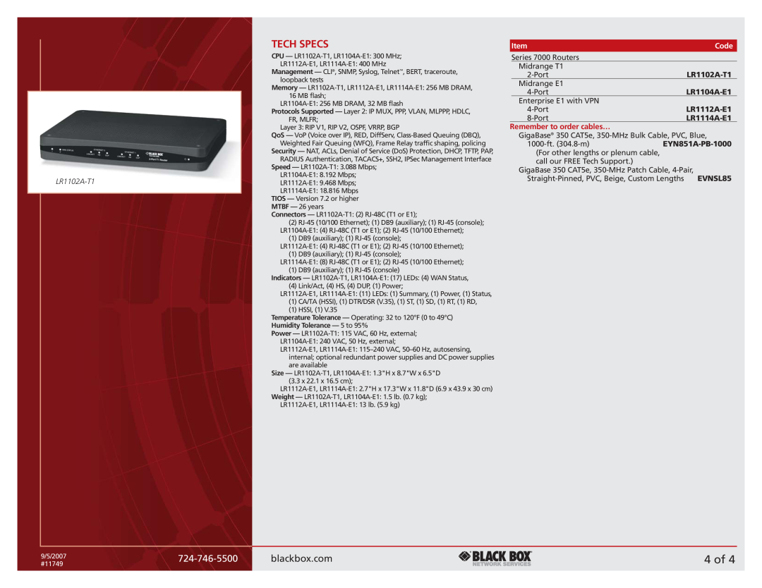 Black Box 7000 T1/E1 4 of, Tech Specs, blackbox.com, LR1102A-T1, Code, LR1104A-E1, LR1112A-E1, LR1114A-E1, EYN851A-PB-1000 
