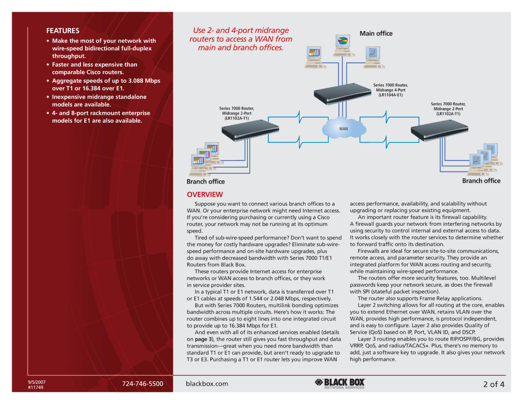 Black Box 7000 T1/E1 manual Features, Overview 