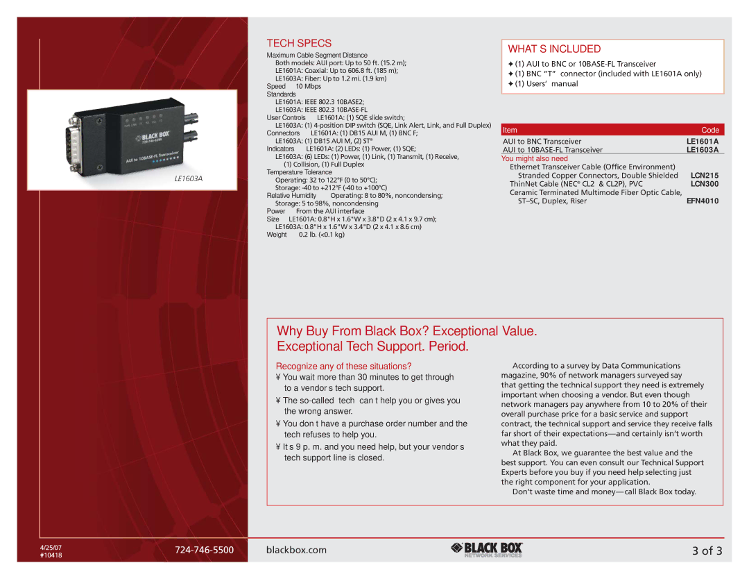 Black Box 724-746-5500 manual Tech Specs, WHAT‘S Included, Maximum Cable Segment Distance, Speed 10 Mbps Standards 