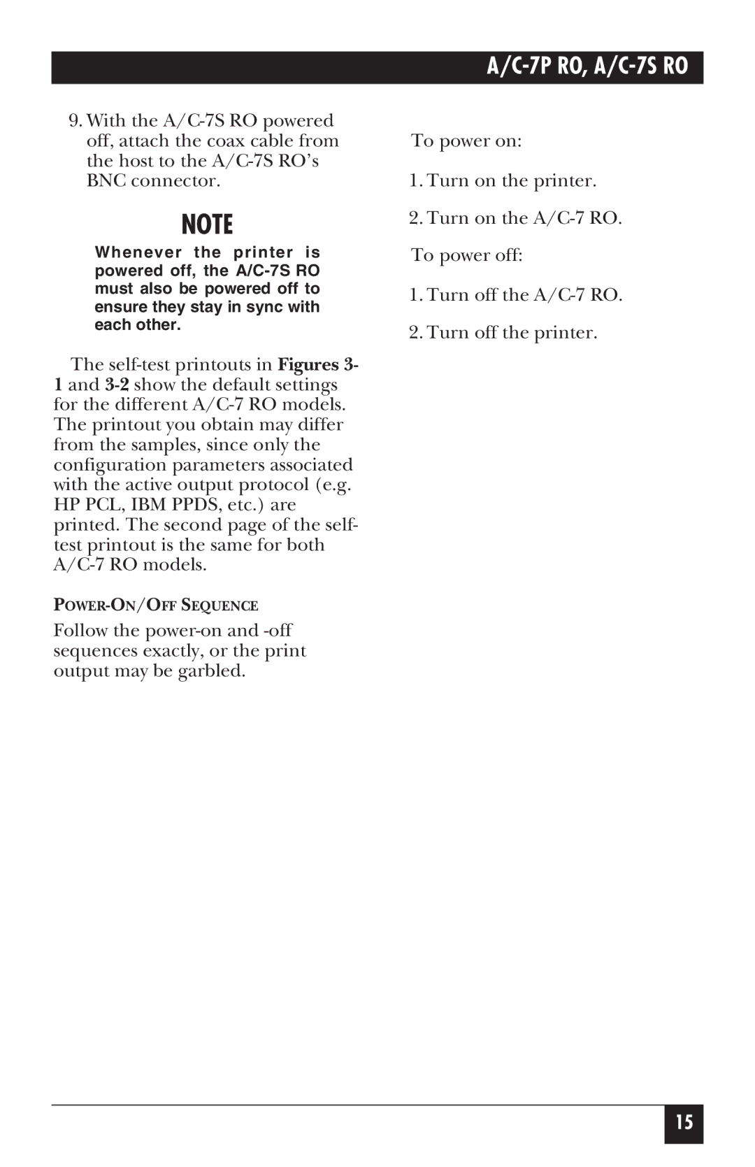 Black Box A/C-7S RO, A/C-7P RO manual POWER-ON/OFF Sequence 