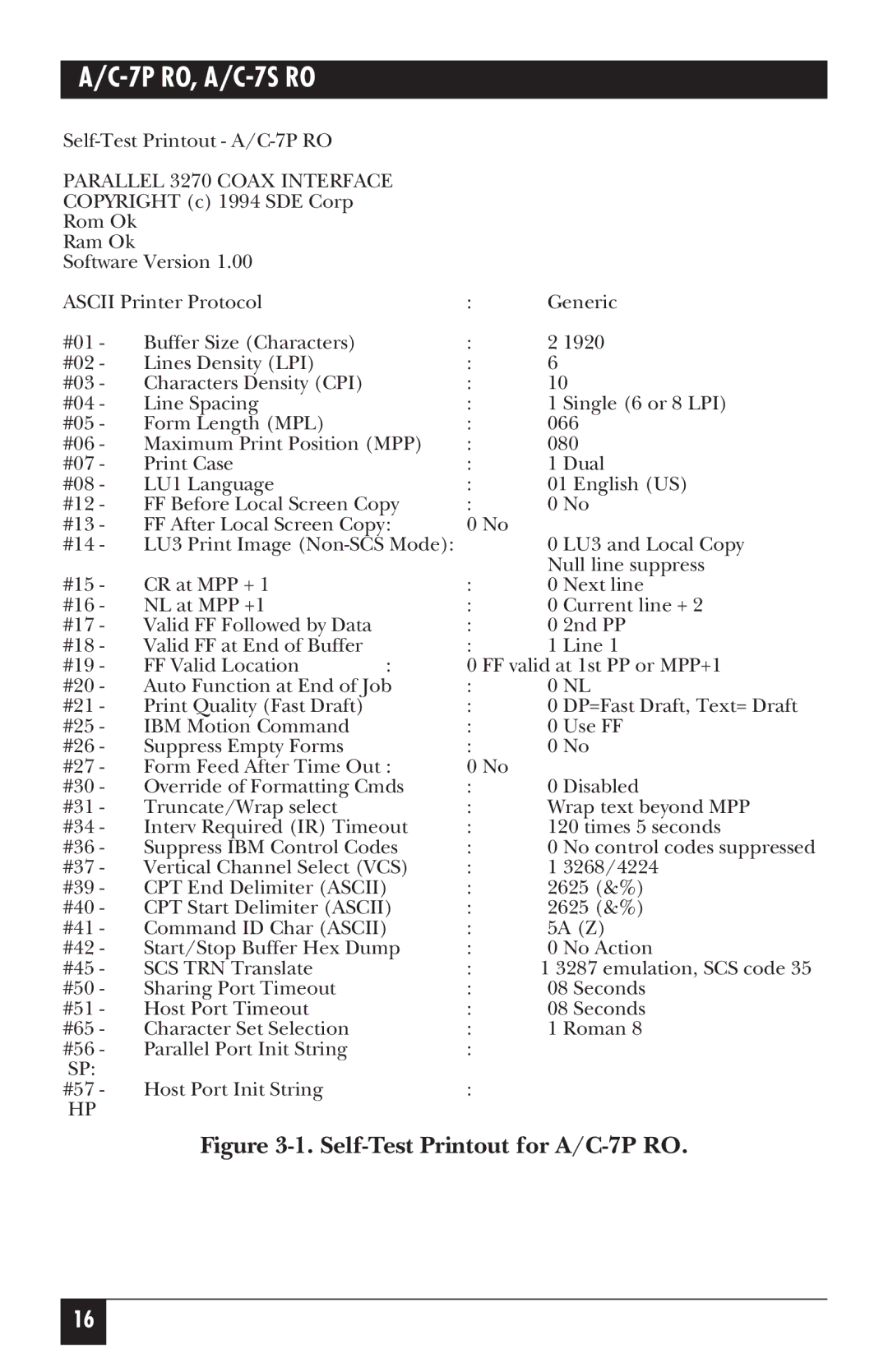 Black Box A/C-7S RO manual Self-Test Printout for A/C-7P RO 