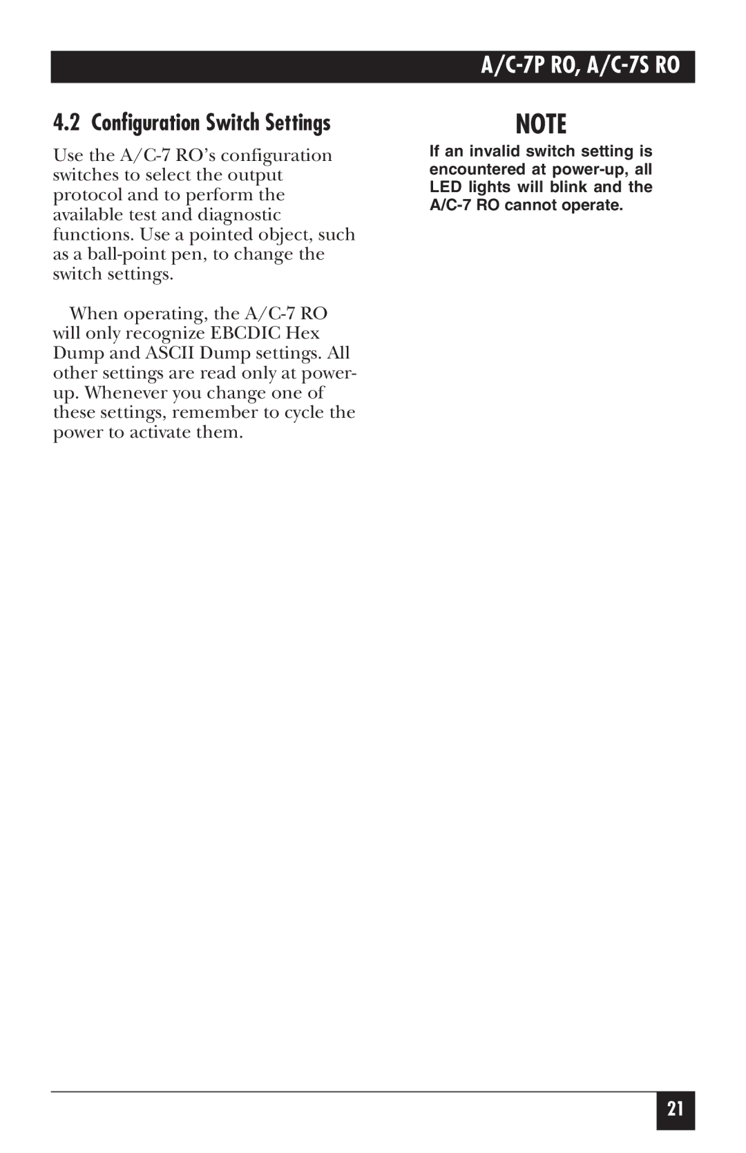 Black Box A/C-7S RO, A/C-7P RO manual Configuration Switch Settings 