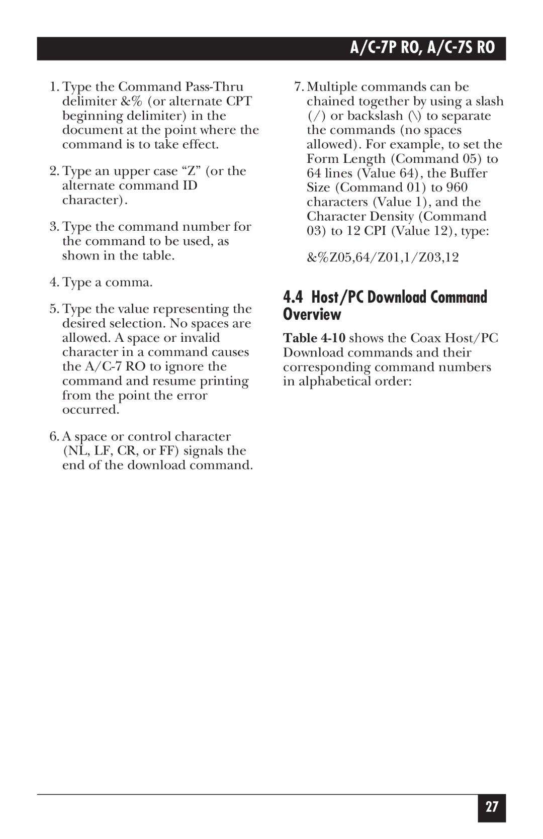 Black Box A/C-7S RO, A/C-7P RO manual Host/PC Download Command Overview 