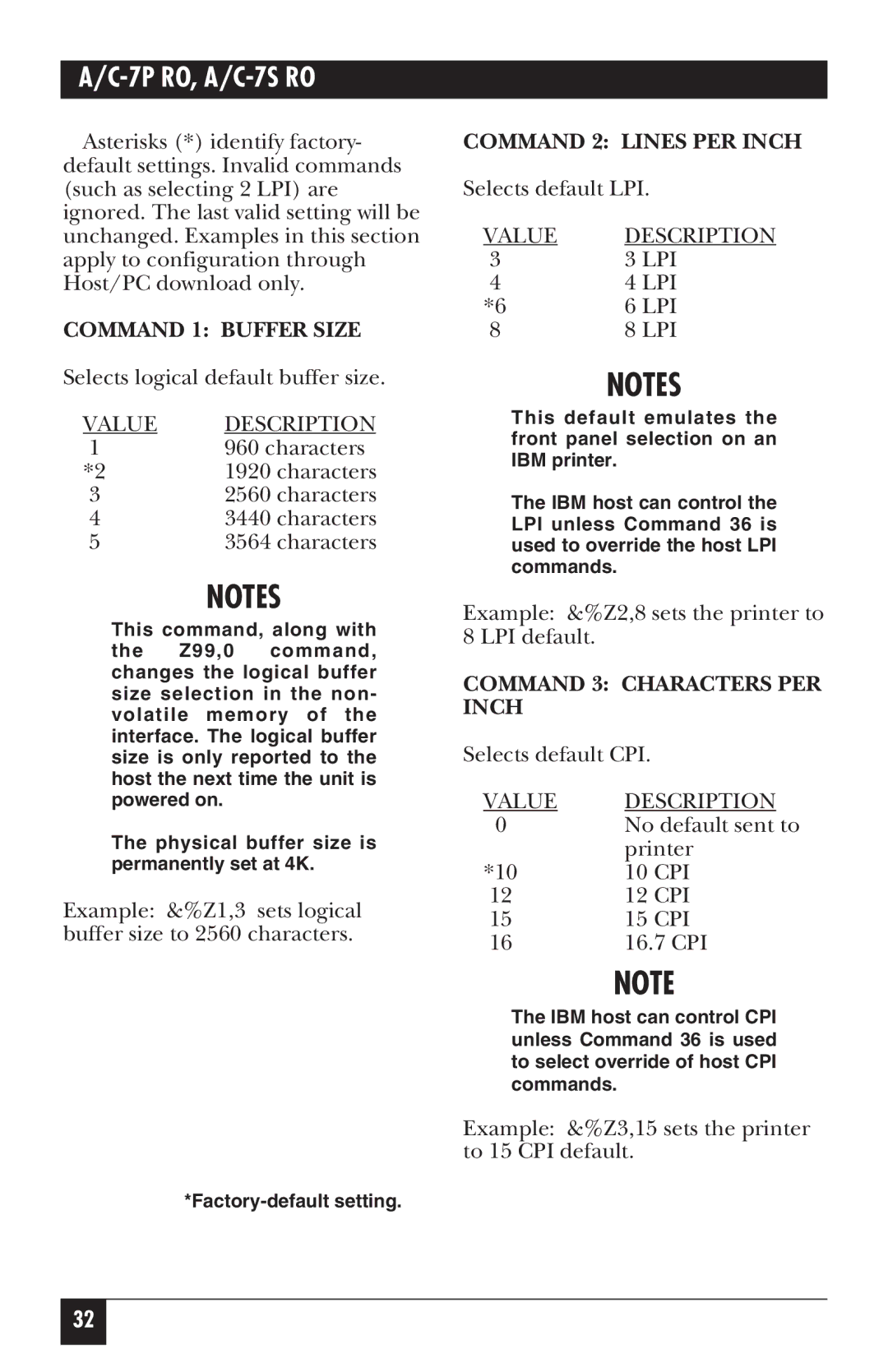 Black Box A/C-7P RO, A/C-7S RO manual Command 1 Buffer Size, Command 2 Lines PER Inch, Command 3 Characters PER Inch 