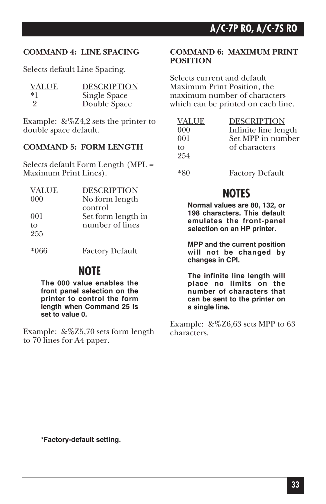 Black Box A/C-7S RO, A/C-7P RO manual Command 4 Line Spacing, Command 5 Form Length, Command 6 Maximum Print Position 