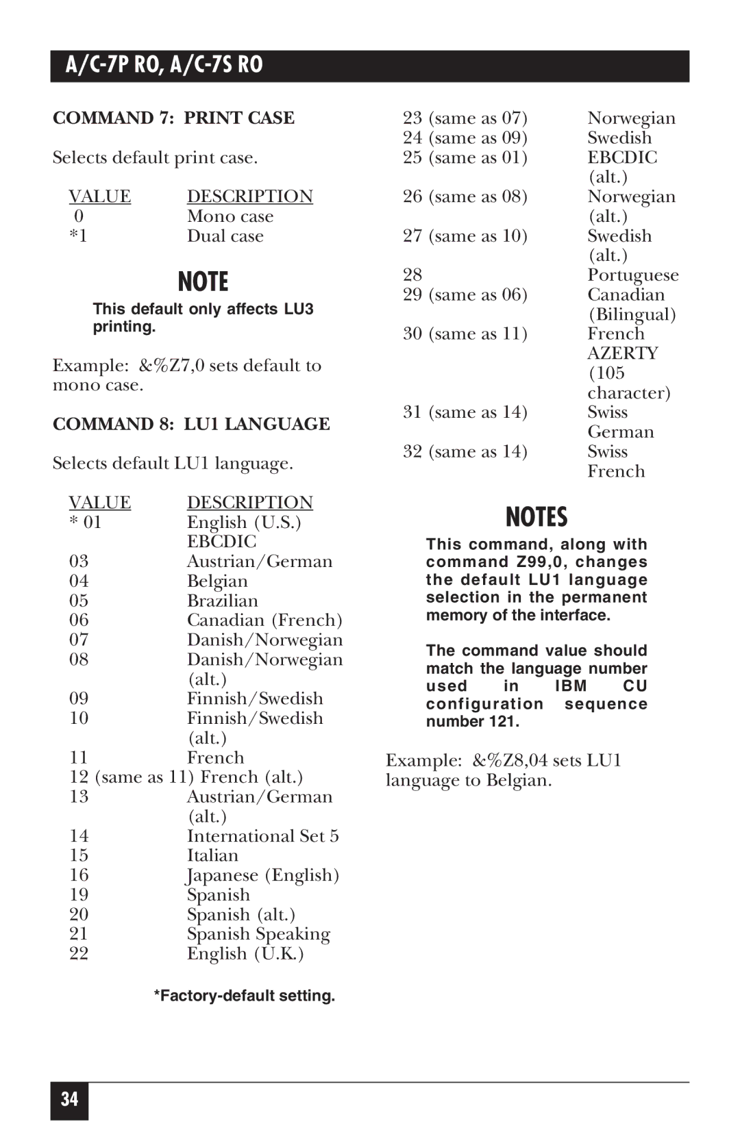 Black Box A/C-7P RO, A/C-7S RO manual Command 7 Print Case, Command 8 LU1 Language 