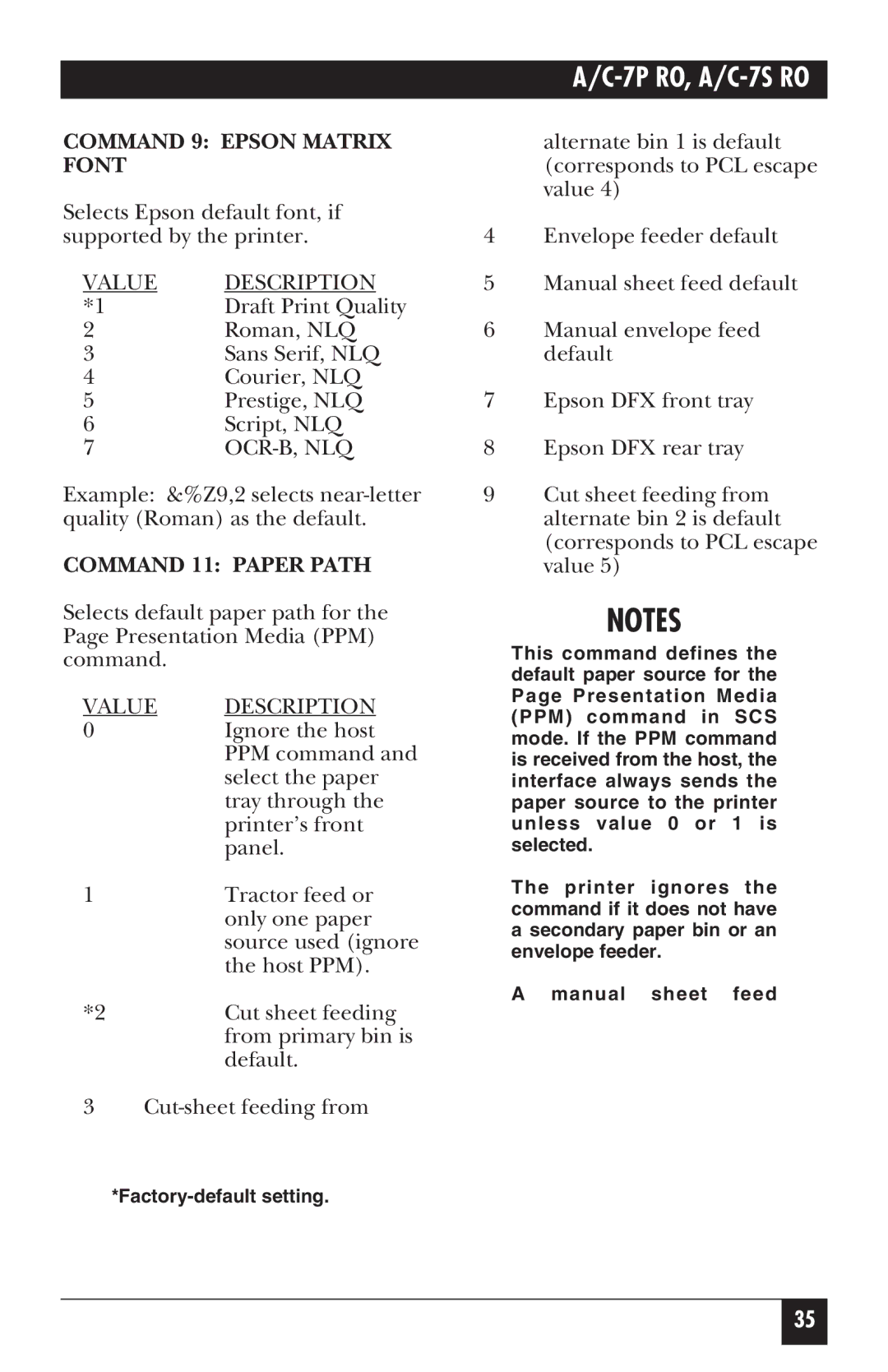 Black Box A/C-7S RO, A/C-7P RO manual Command 9 Epson Matrix, Font, Command 11 Paper Path 