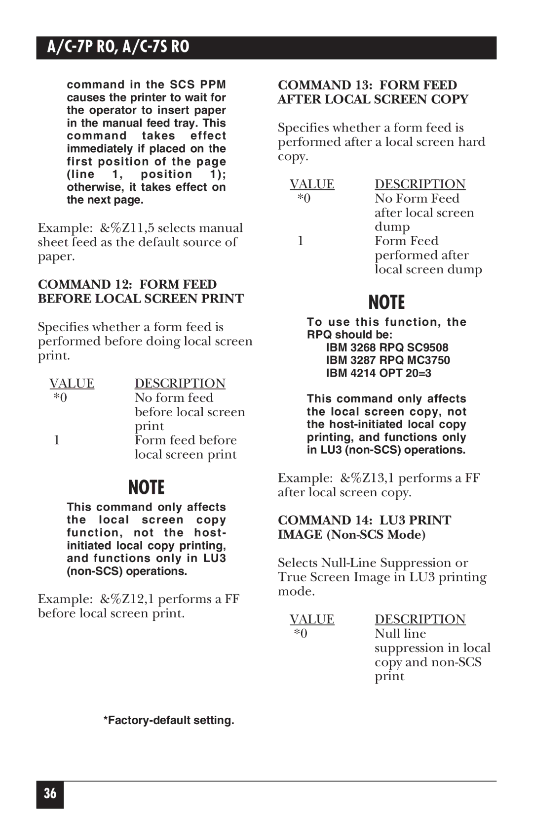 Black Box A/C-7P RO manual Command 12 Form Feed Before Local Screen Print, Command 13 Form Feed After Local Screen Copy 