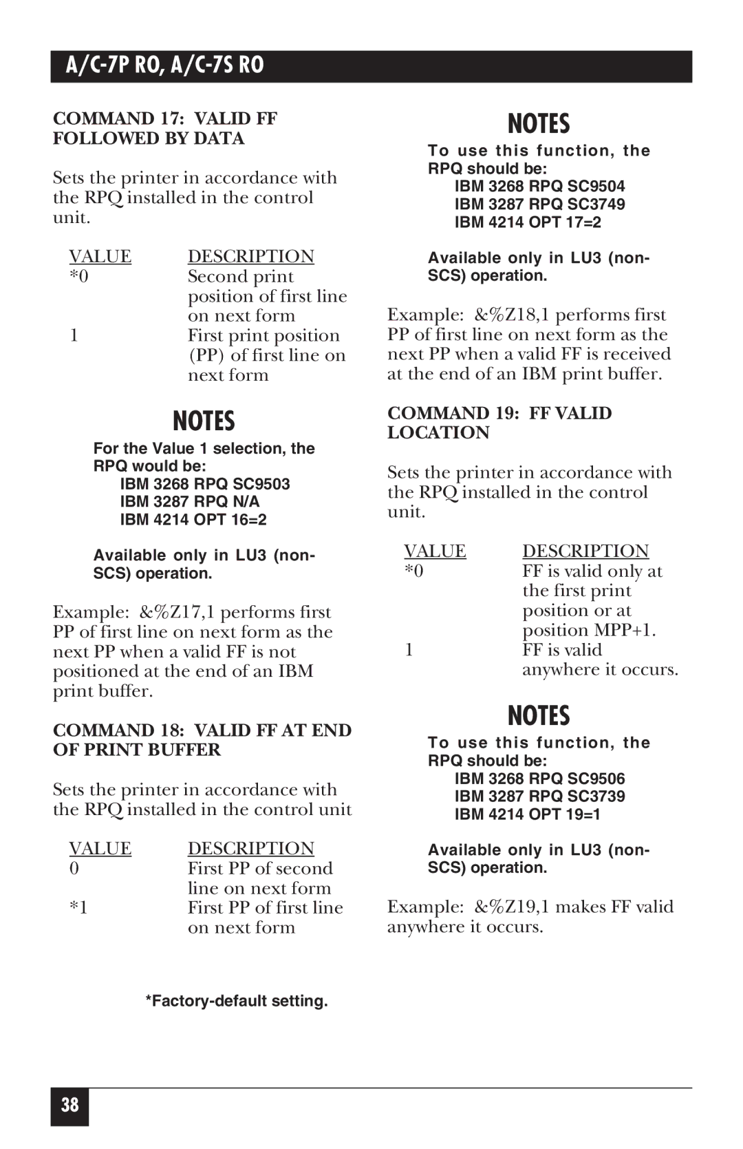 Black Box A/C-7P RO, A/C-7S RO manual Command 17 Valid FF Followed by Data, Command 18 Valid FF AT END of Print Buffer 