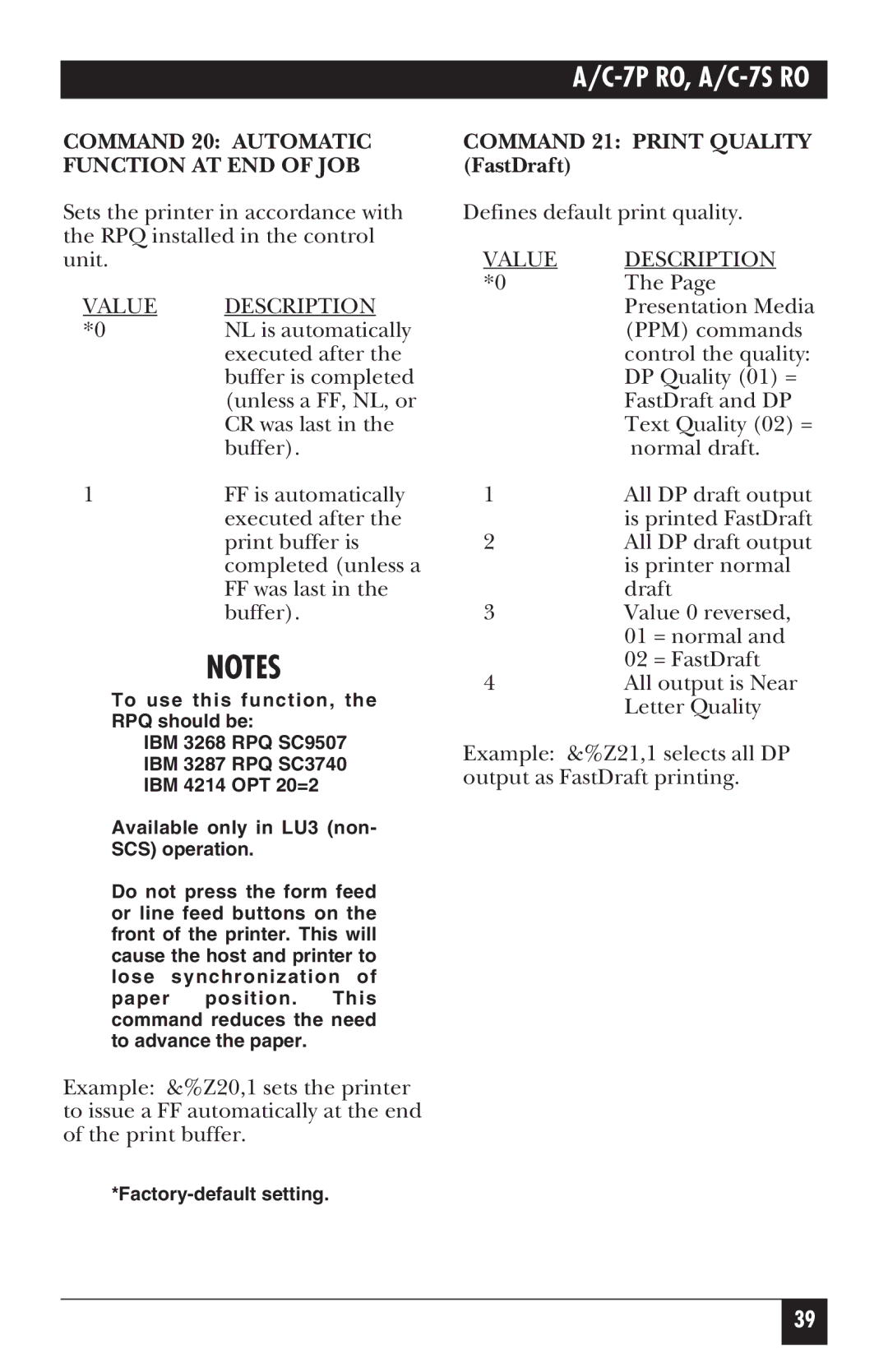 Black Box A/C-7S RO, A/C-7P RO manual Command 20 Automatic Function AT END of JOB, Command 21 Print Quality FastDraft 