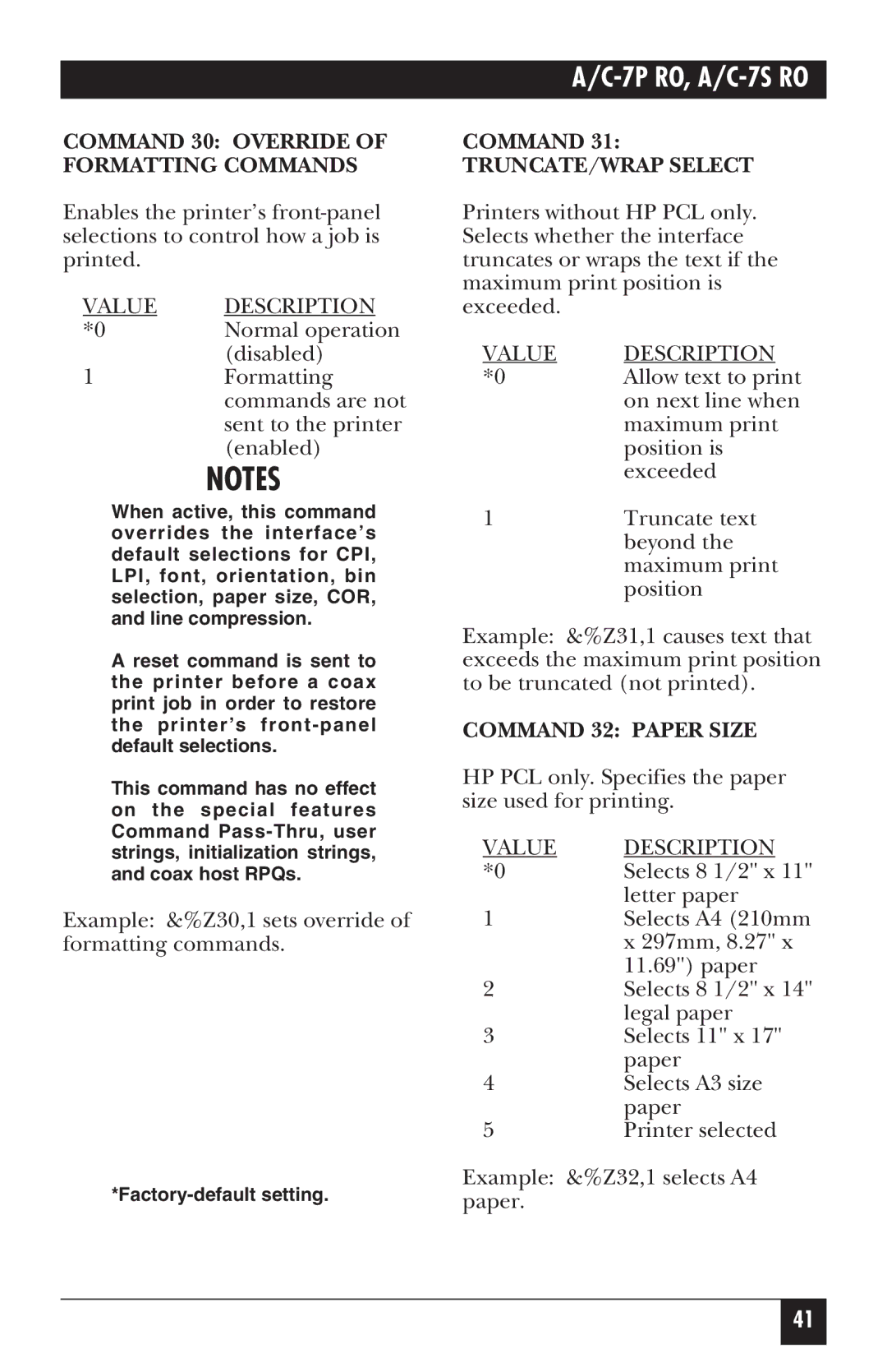 Black Box A/C-7S RO Command 30 Override of Formatting Commands, Command 31 TRUNCATE/WRAP Select, Command 32 Paper Size 