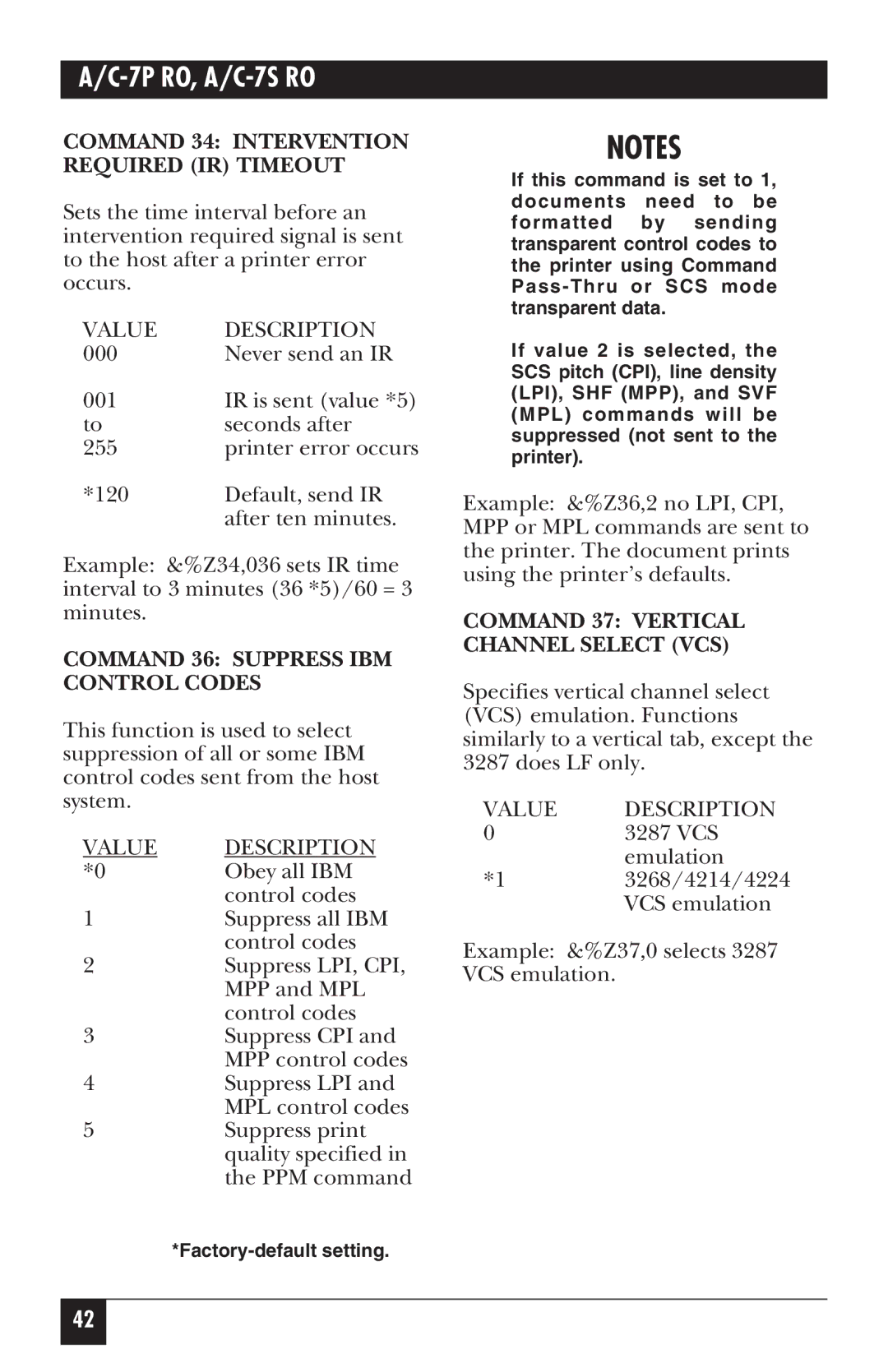 Black Box A/C-7P RO, A/C-7S RO manual Command 34 Intervention Required IR Timeout, Command 36 Suppress IBM Control Codes 