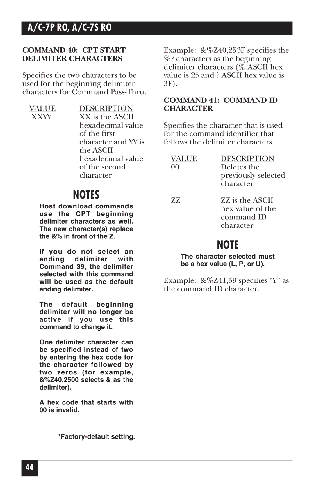 Black Box A/C-7P RO, A/C-7S RO manual Command 40 CPT Start Delimiter Characters, Command 41 Command ID Character 