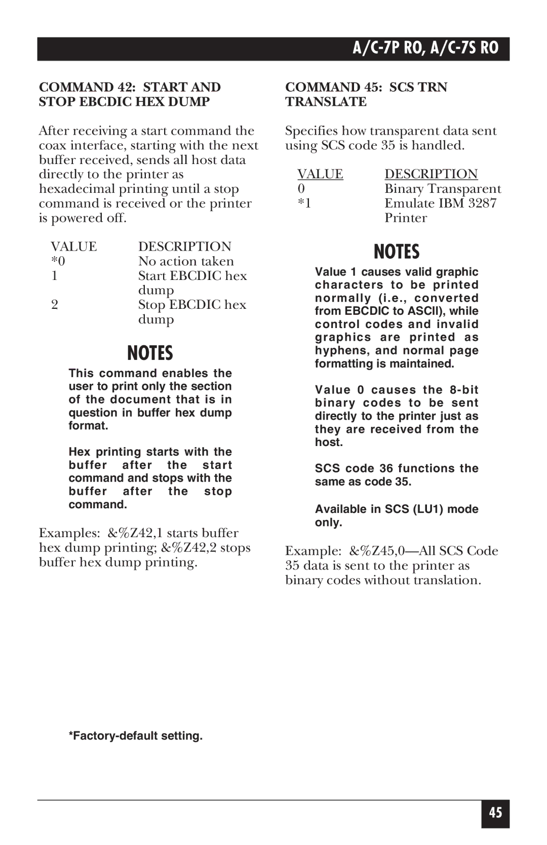 Black Box A/C-7S RO, A/C-7P RO manual Command 42 Start and Stop Ebcdic HEX Dump, Command 45 SCS TRN Translate 