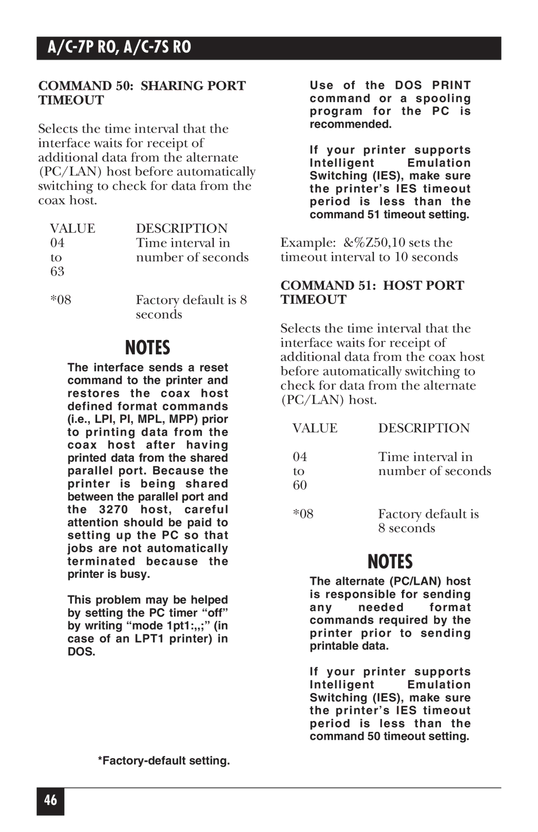 Black Box A/C-7P RO, A/C-7S RO manual Command 50 Sharing Port Timeout, Command 51 Host Port Timeout 