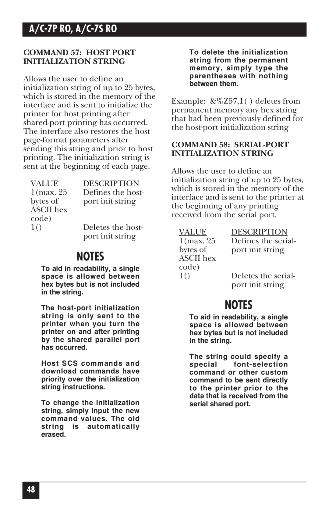 Black Box A/C-7P RO, A/C-7S RO Command 57 Host Port Initialization String, Command 58 SERIAL-PORT Initialization String 