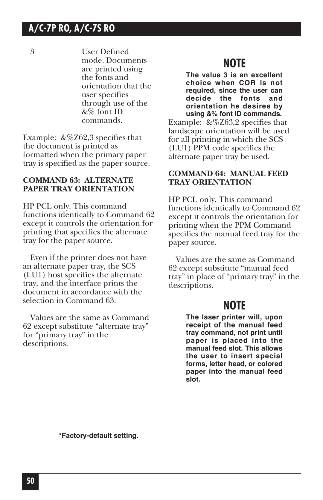 Black Box A/C-7P RO, A/C-7S RO manual Command 63 Alternate Paper Tray Orientation, Command 64 Manual Feed Tray Orientation 