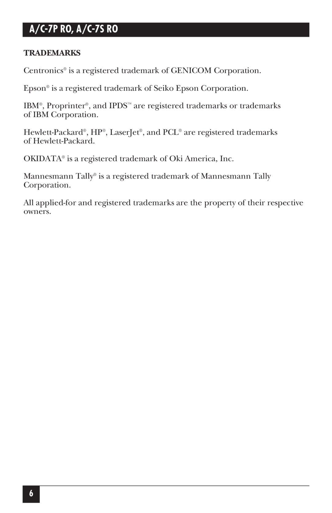 Black Box A/C-7P RO, A/C-7S RO manual Trademarks 