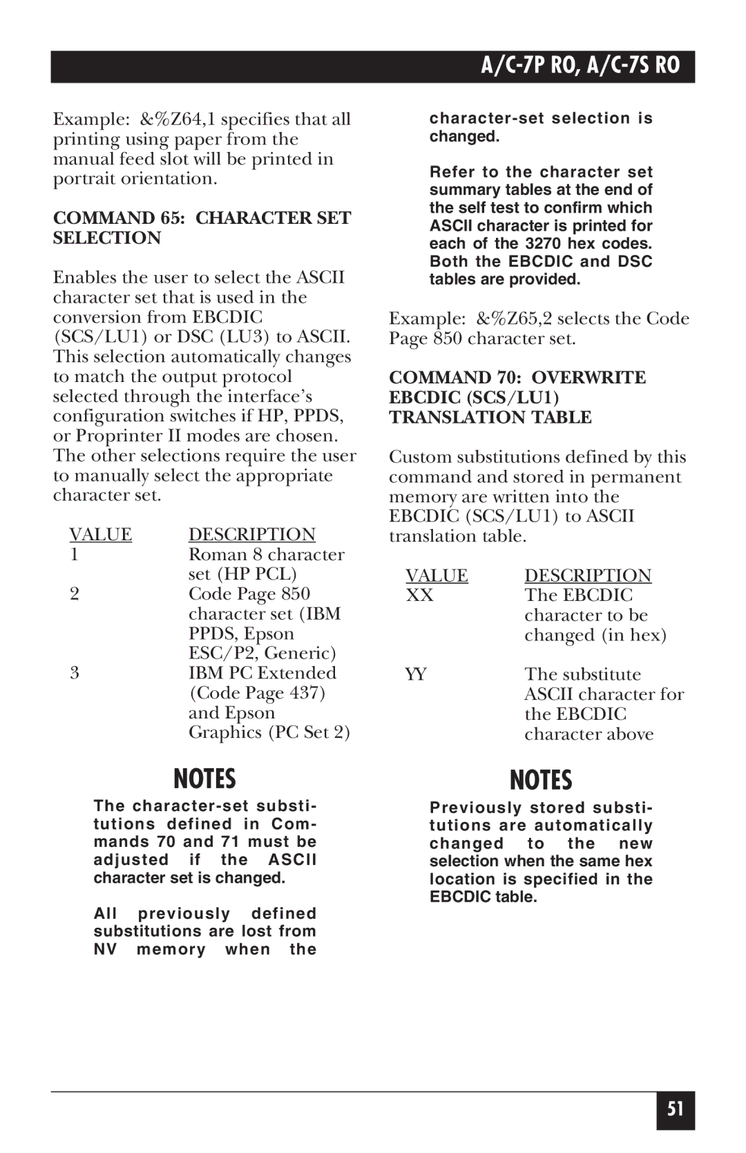 Black Box A/C-7S RO, A/C-7P RO Command 65 Character SET Selection, Command 70 Overwrite Ebcdic SCS/LU1 Translation Table 