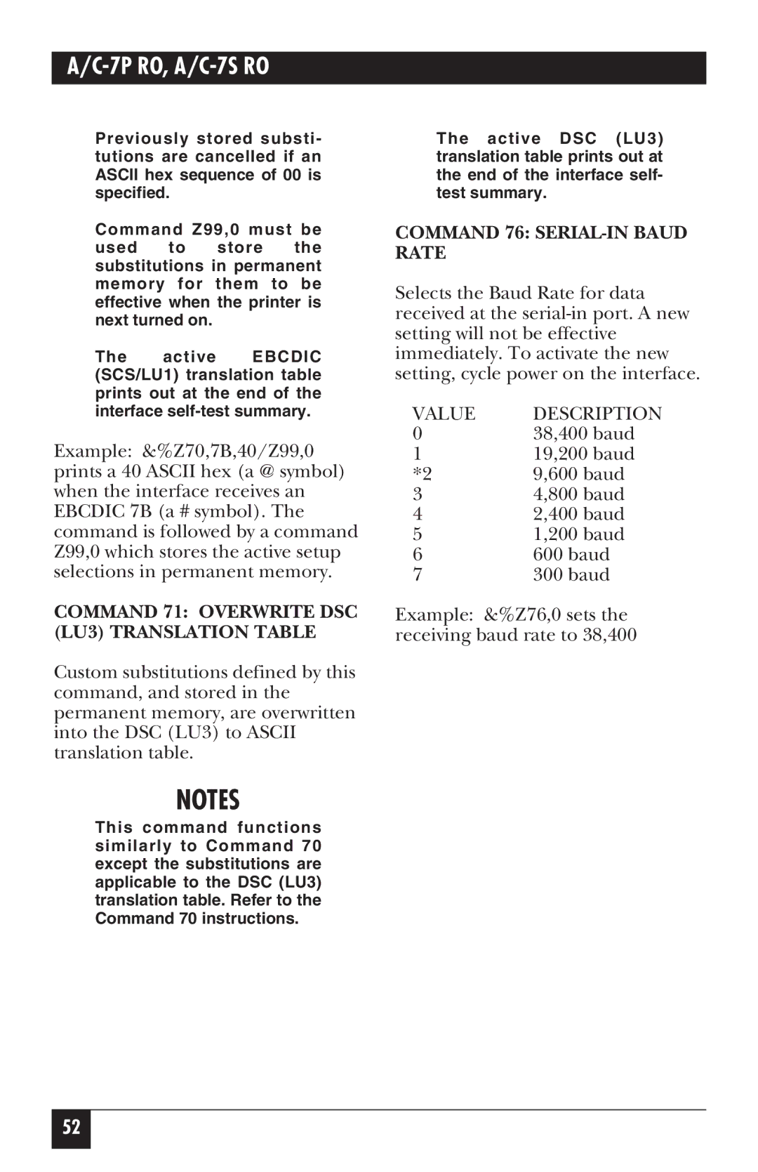 Black Box A/C-7P RO, A/C-7S RO manual Command 71 Overwrite DSC LU3 Translation Table, Command 76 SERIAL-IN Baud Rate 