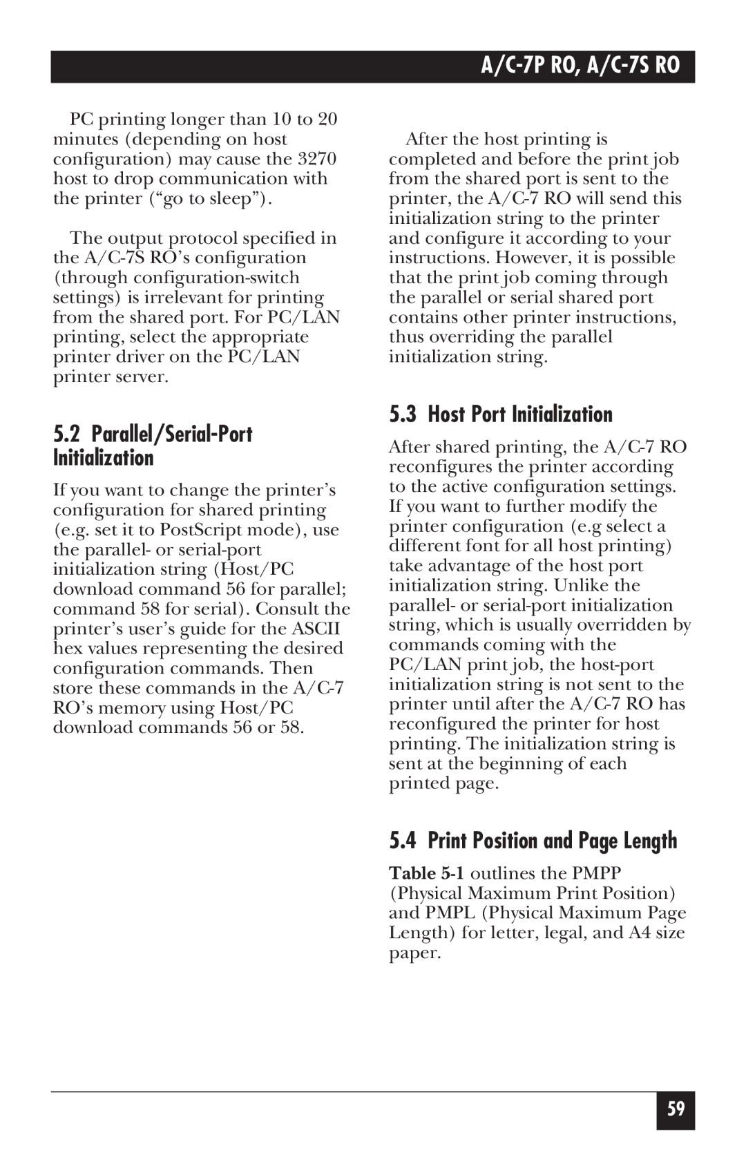 Black Box A/C-7S RO, A/C-7P RO manual Host Port Initialization, Print Position and Page Length 