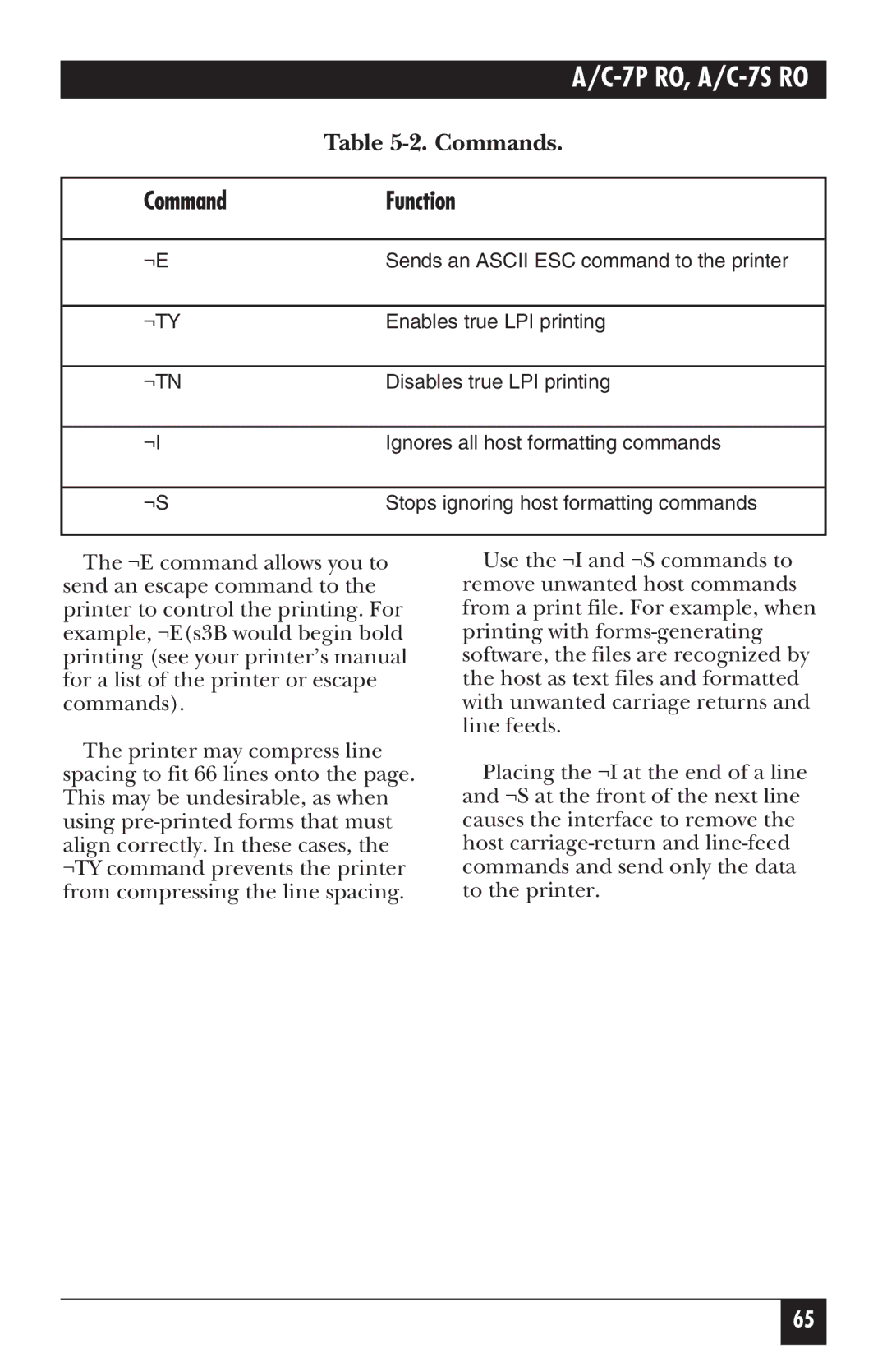 Black Box A/C-7S RO, A/C-7P RO manual Command Function, ¬Tn 