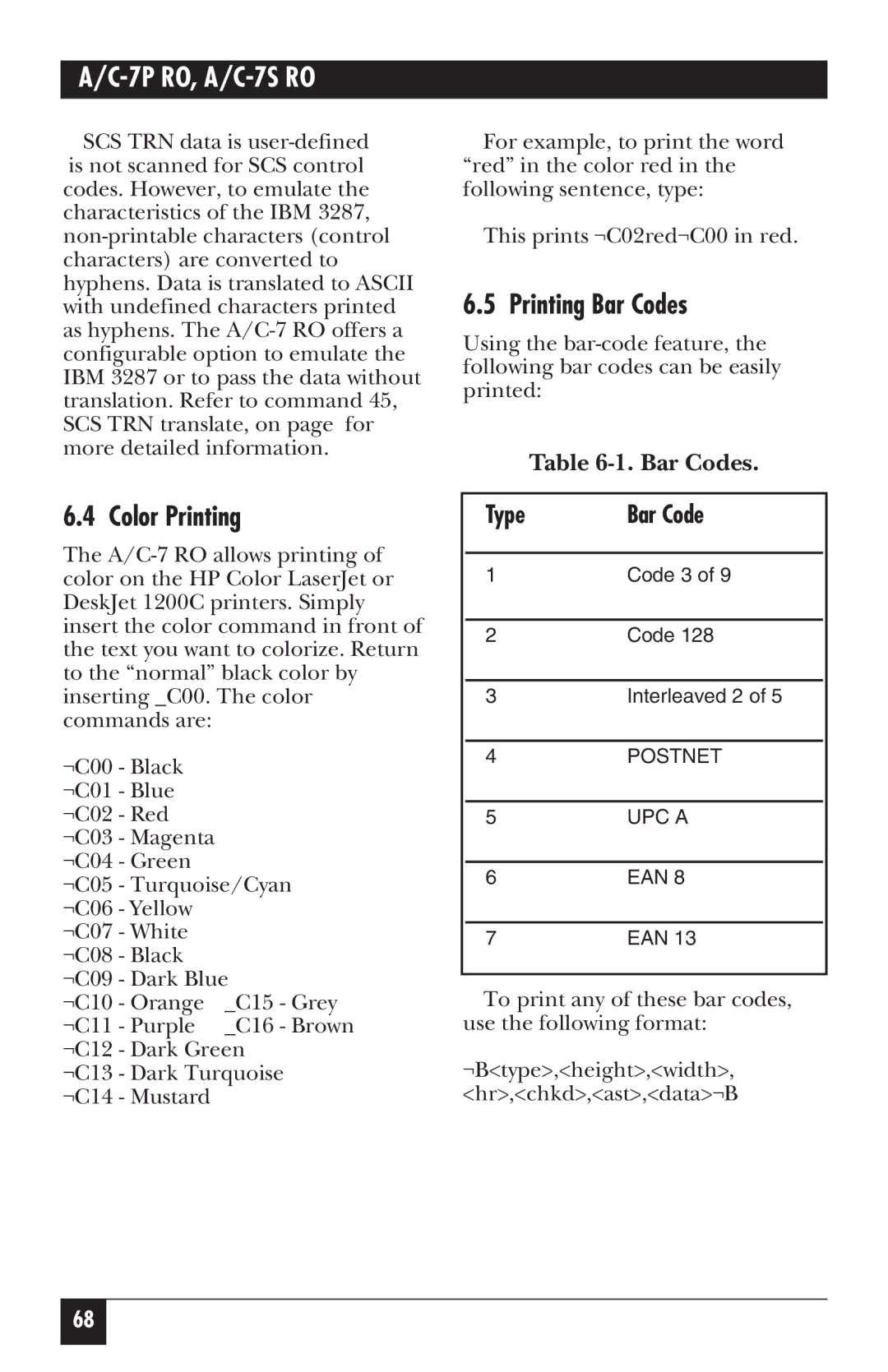 Black Box A/C-7P RO, A/C-7S RO manual Color Printing, Printing Bar Codes 