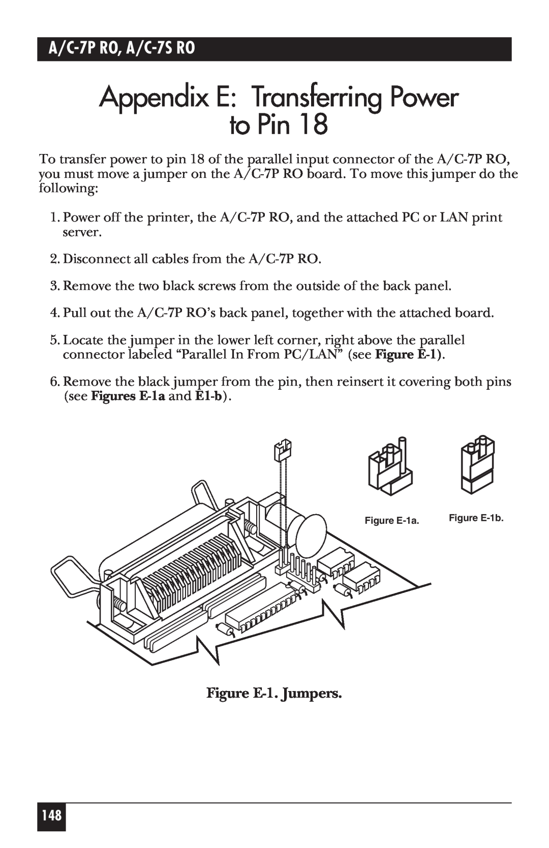 Black Box manual Appendix E Transferring Power to Pin, Figure E-1. Jumpers, A/C-7P RO, A/C-7S RO 