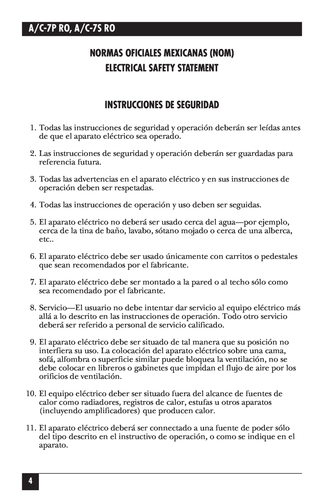 Black Box A/C-7P RO, A/C-7S RO manual Normas Oficiales Mexicanas Nom Electrical Safety Statement, Instrucciones De Seguridad 