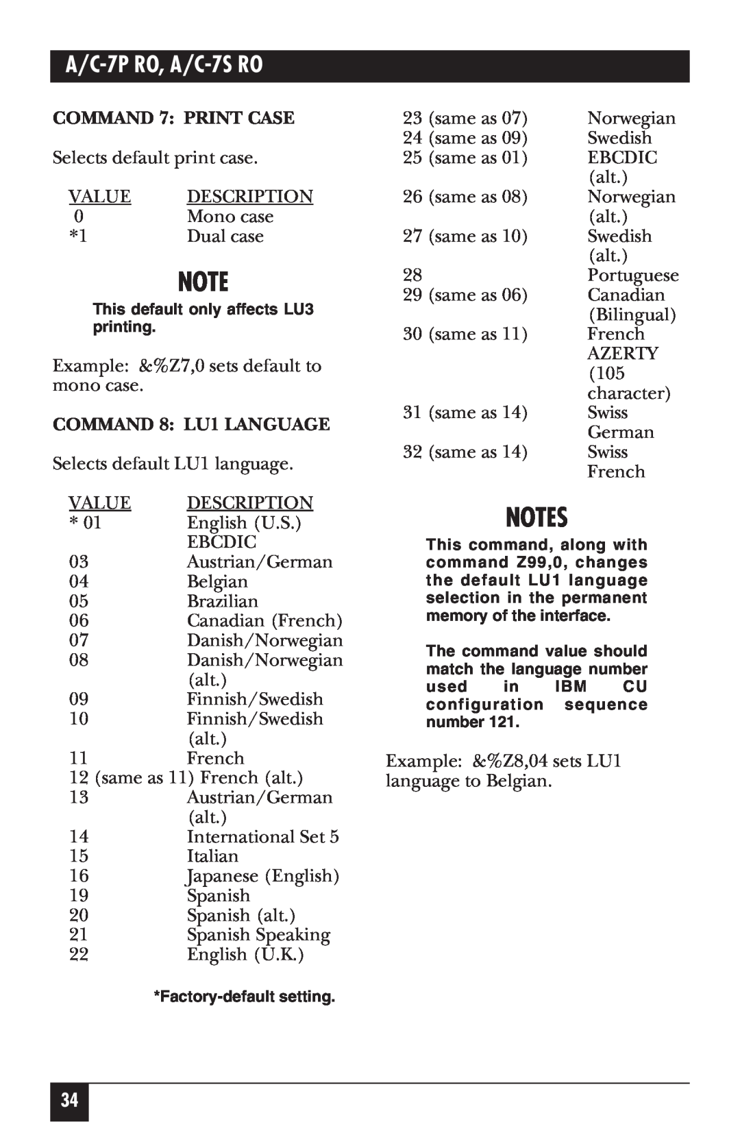 Black Box manual COMMAND 7 PRINT CASE, COMMAND 8 LU1 LANGUAGE, A/C-7P RO, A/C-7S RO 