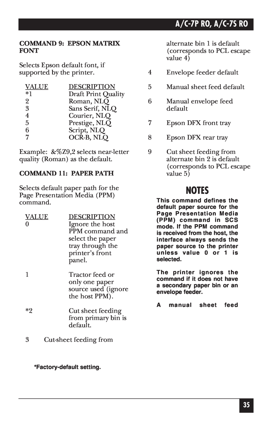 Black Box manual COMMAND 9 EPSON MATRIX, Font, COMMAND 11 PAPER PATH, A/C-7P RO, A/C-7S RO 