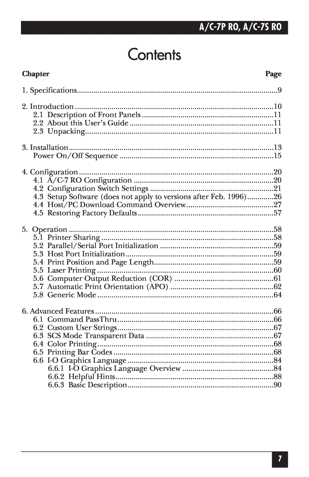 Black Box manual Contents, Chapter, Page, A/C-7P RO, A/C-7S RO 