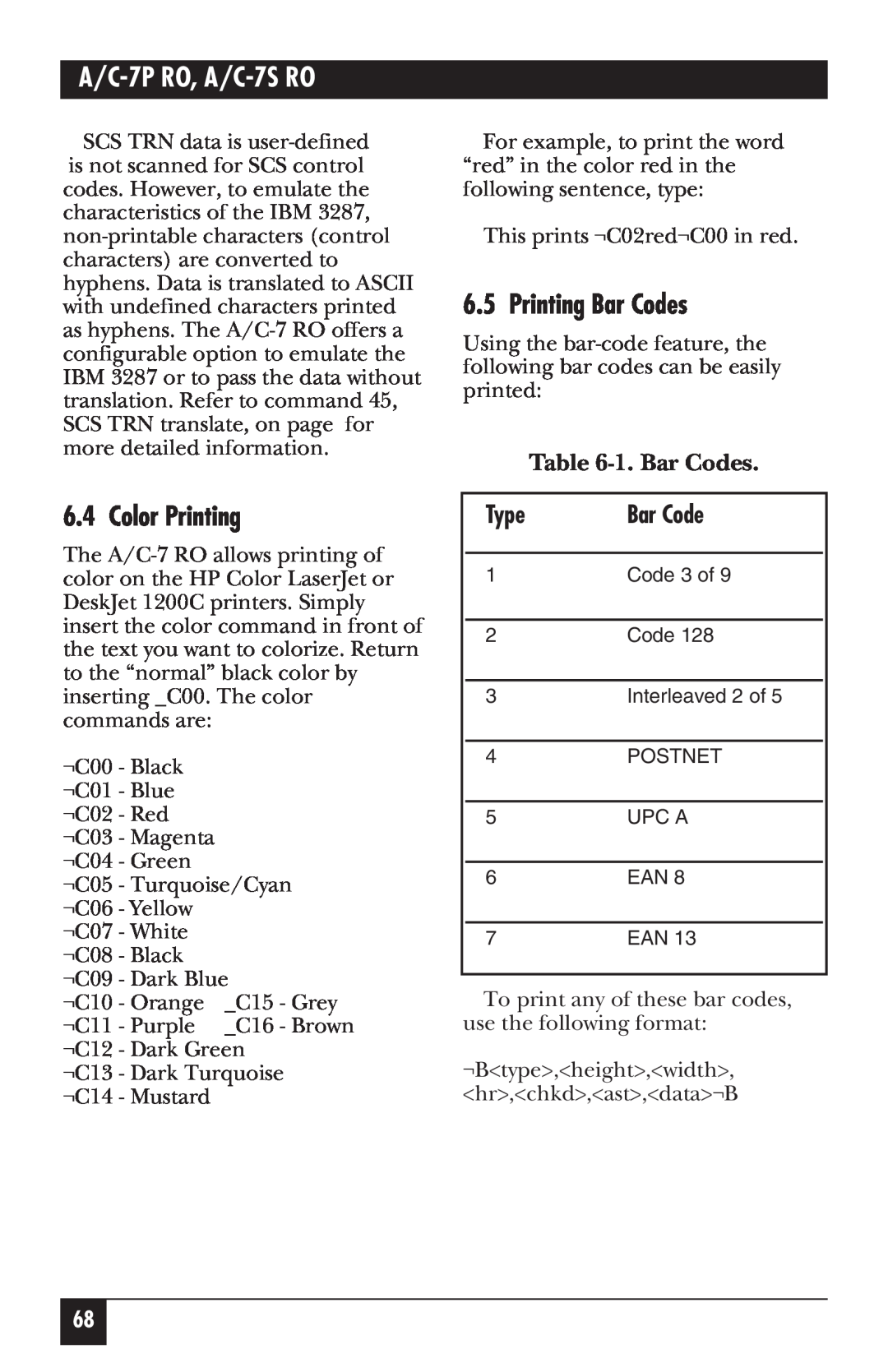 Black Box manual Color Printing, Printing Bar Codes, 1. Bar Codes, A/C-7P RO, A/C-7S RO 