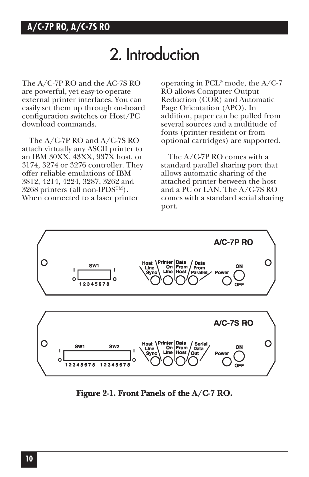 Black Box manual Introduction, 1. Front Panels of the A/C-7 RO, A/C-7P RO, A/C-7S RO 