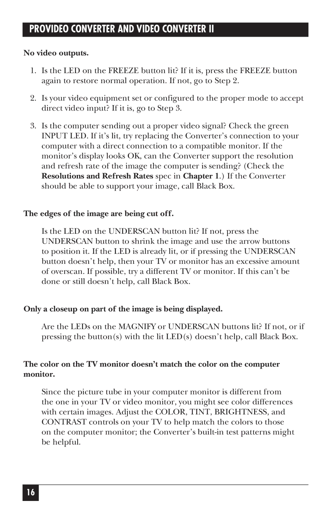 Black Box AC096A, AC095A manual No video outputs, Edges of the image are being cut off 