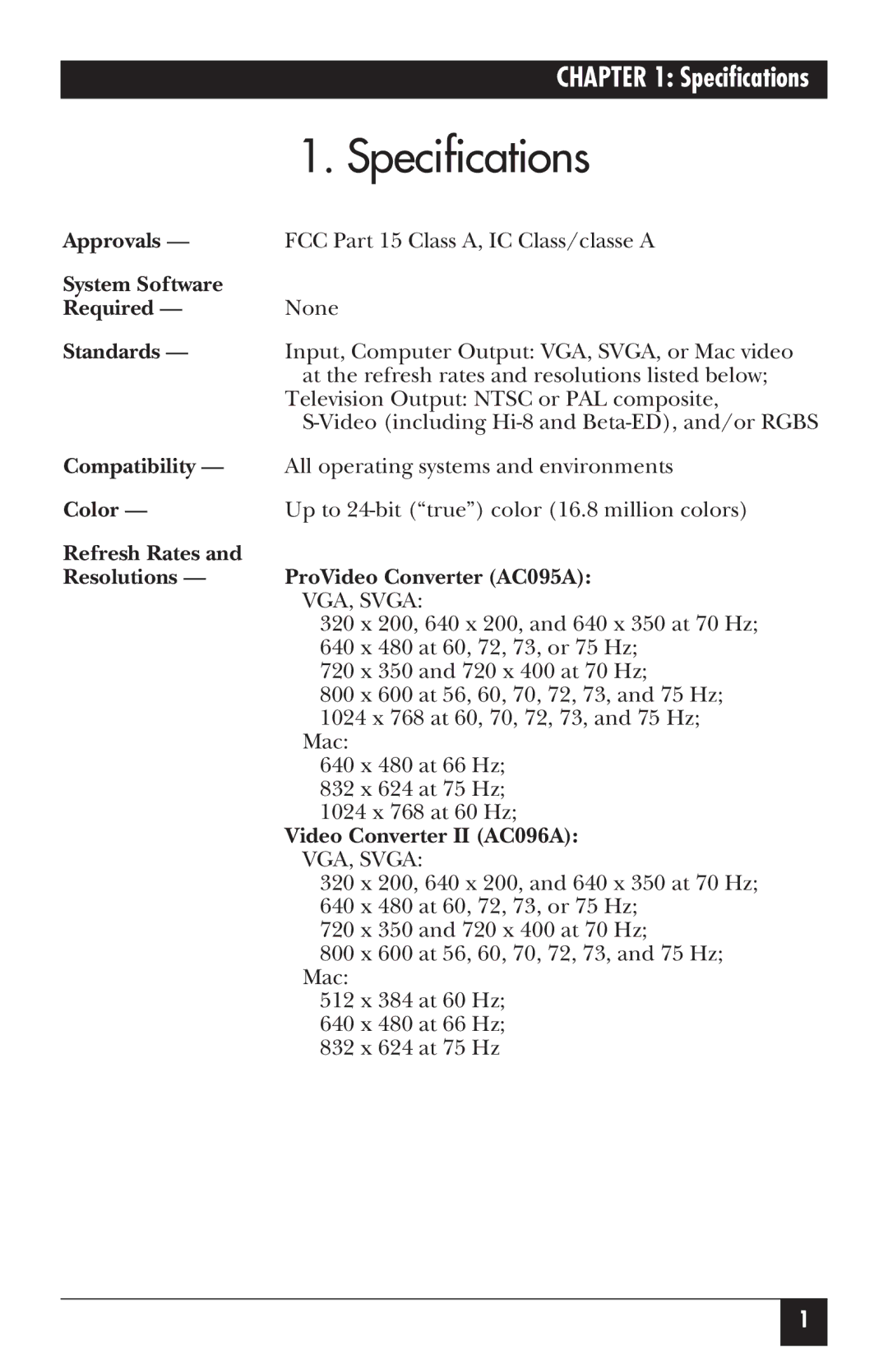 Black Box AC095A, AC096A manual Specifications 