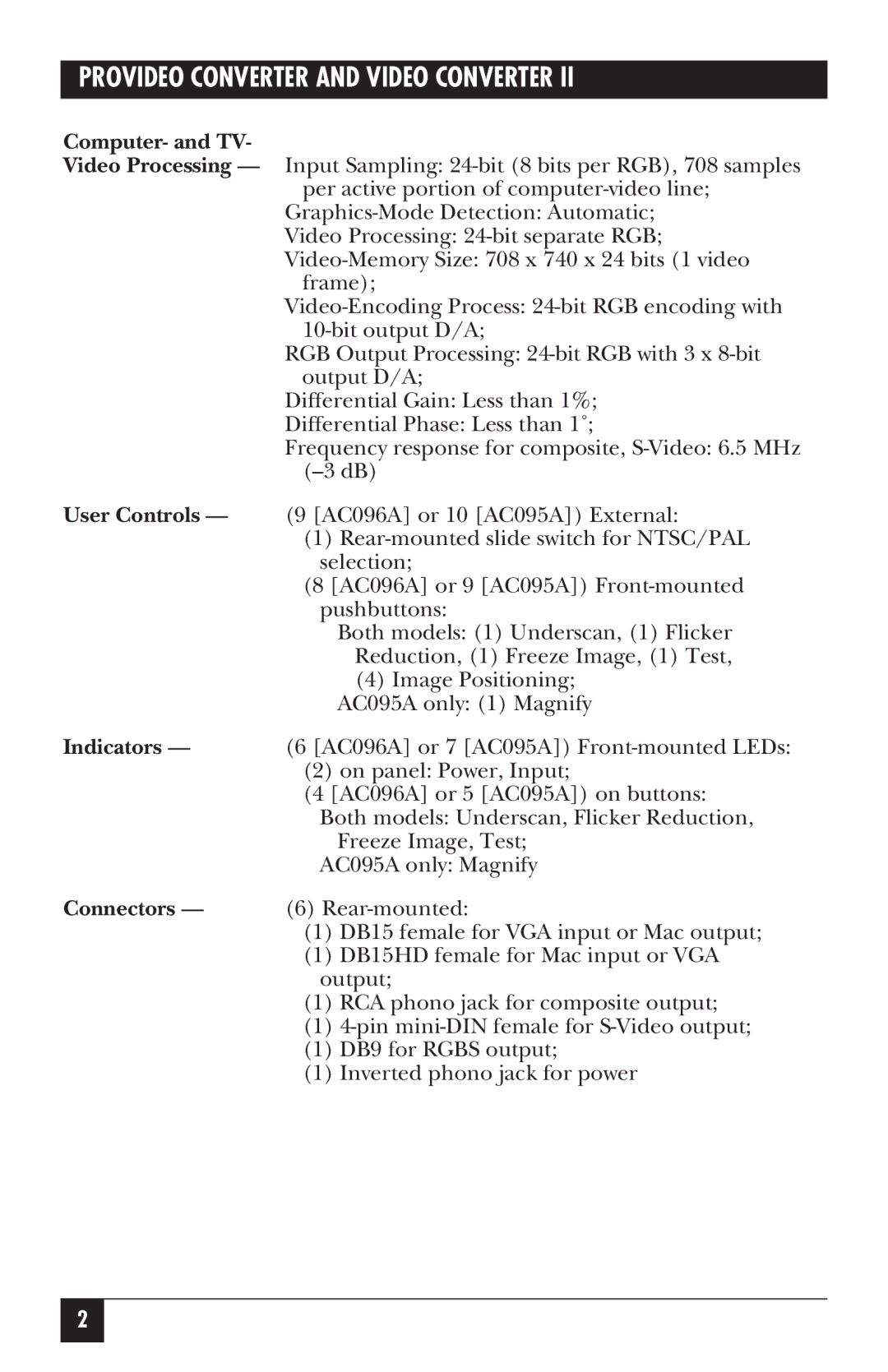 Black Box AC096A, AC095A manual Computer- and TV, User Controls, Indicators, Connectors 