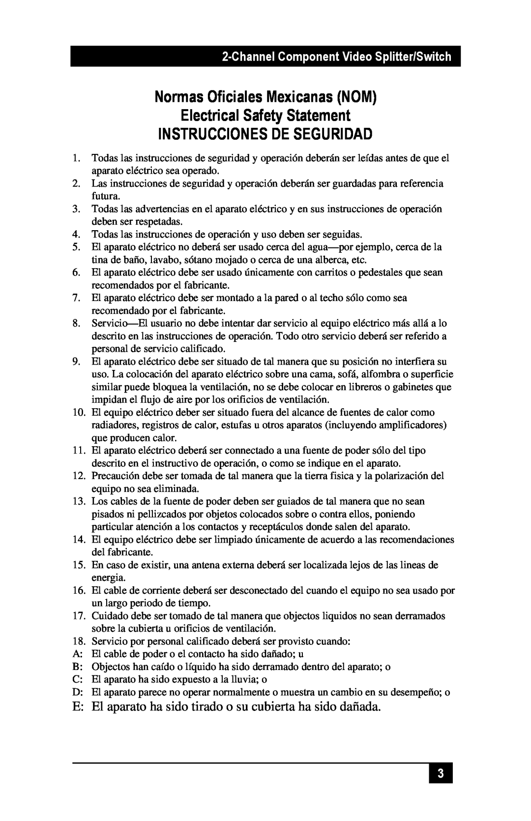 Black Box AC1030A manual Normas Oficiales Mexicanas NOM Electrical Safety Statement, Instrucciones De Seguridad 