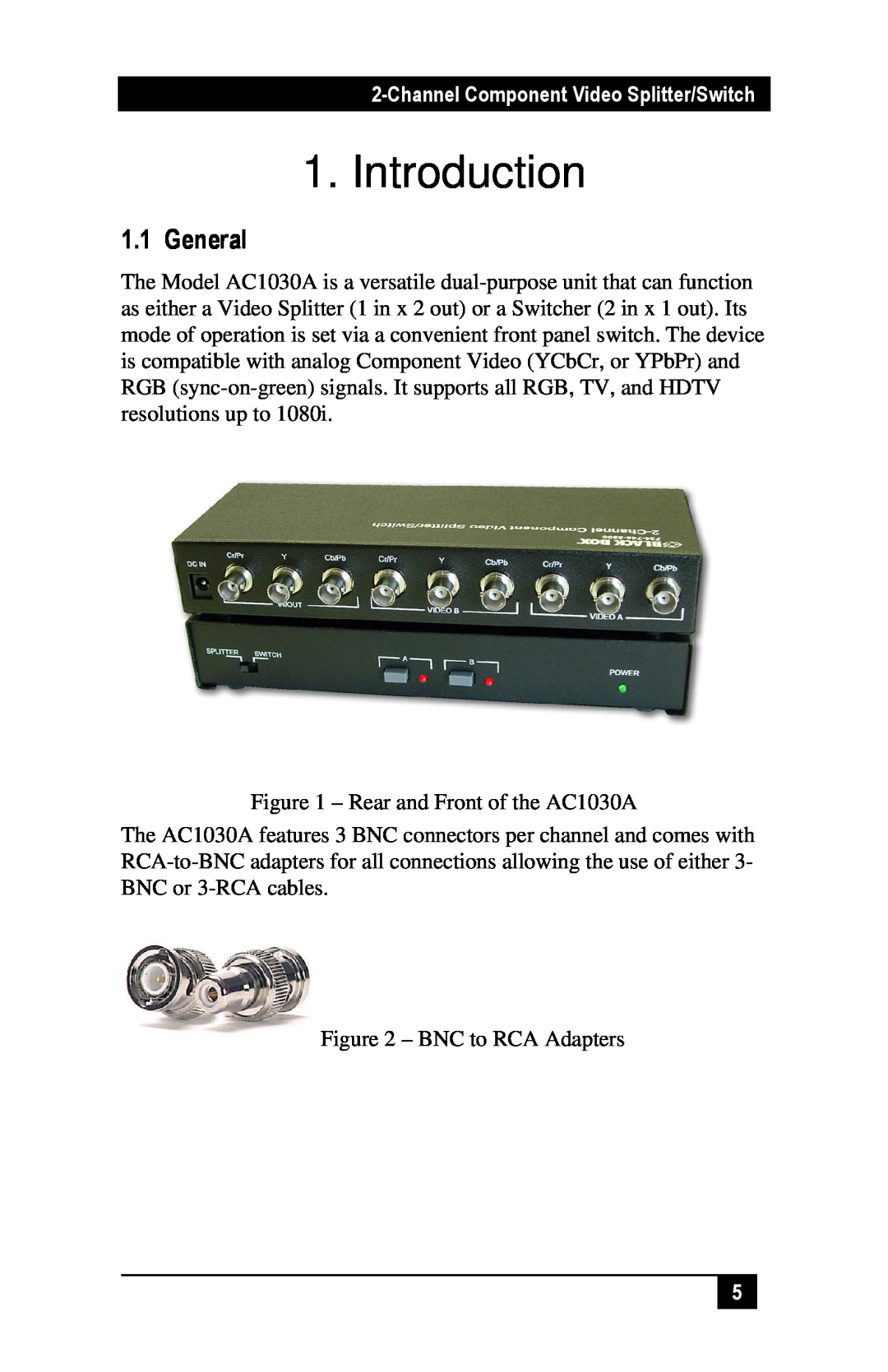 Black Box AC1030A manual Introduction, General, Channel Component Video Splitter/Switch 