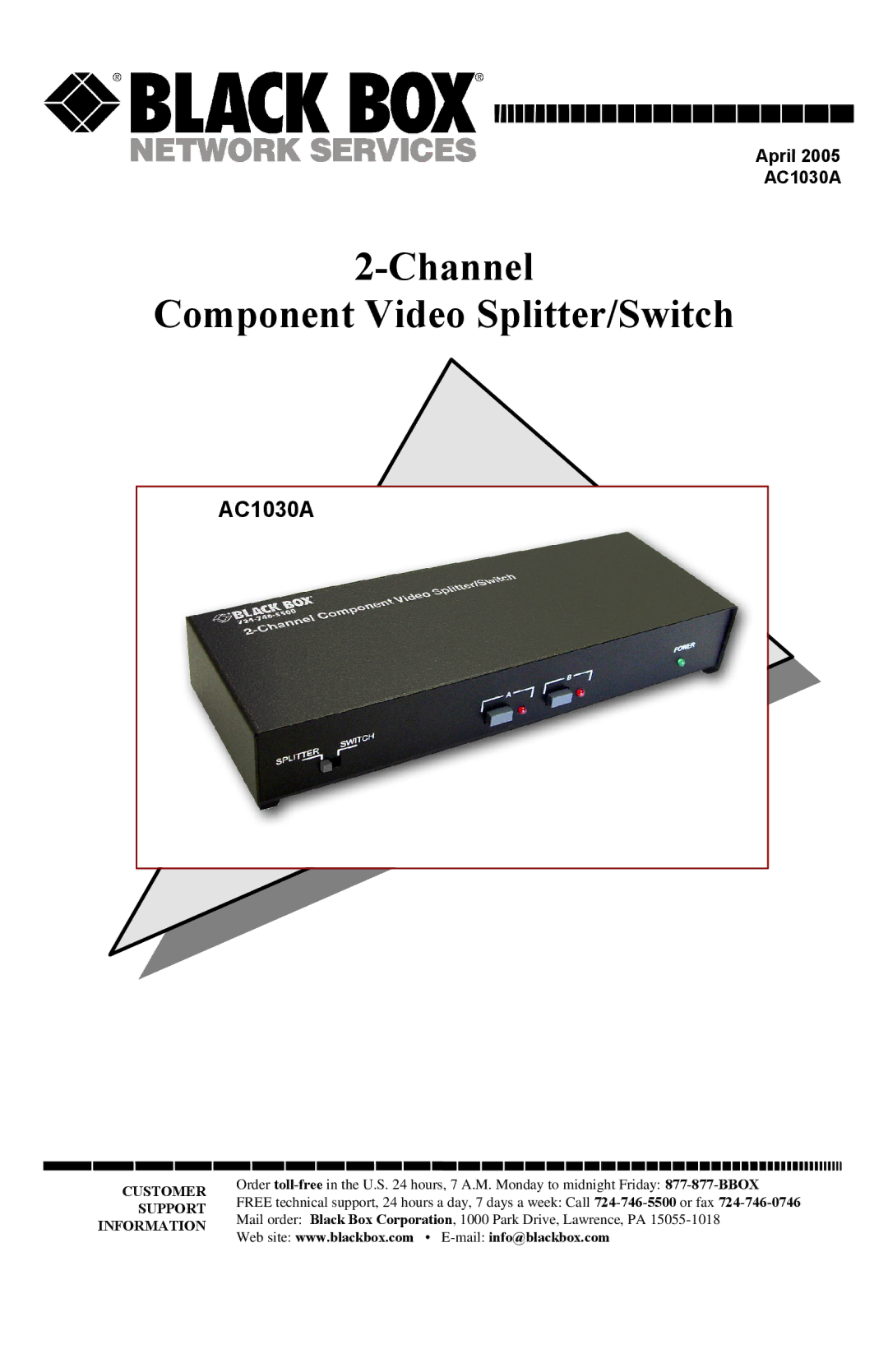 Black Box 2-Channel Component Video Splitter/Switch, AC1030A manual 