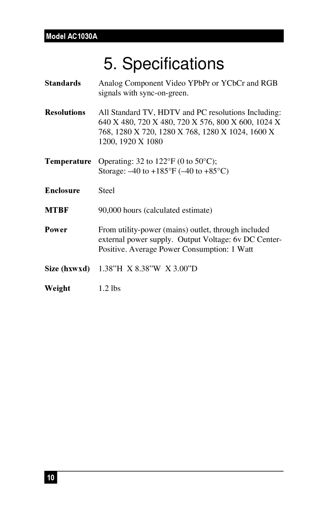 Black Box 2-Channel Component Video Splitter/Switch, AC1030A manual Specifications, Resolutions 