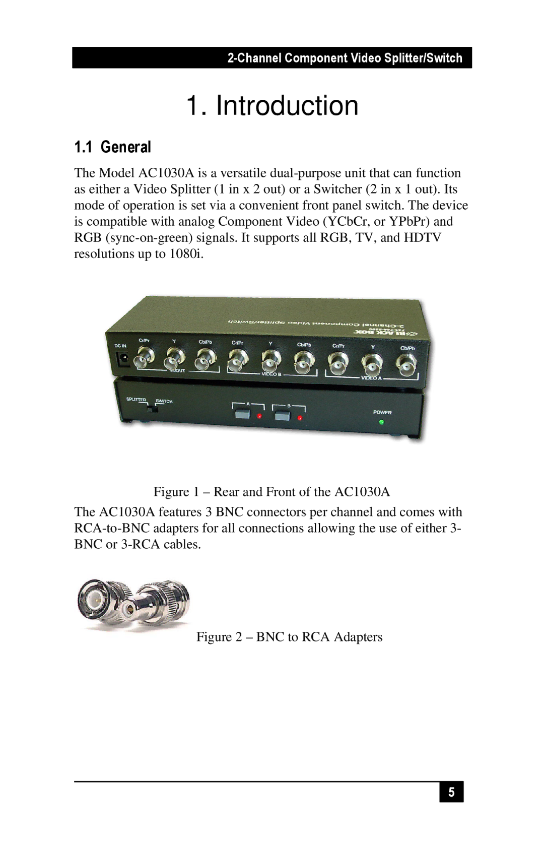 Black Box AC1030A, 2-Channel Component Video Splitter/Switch manual Introduction, General 